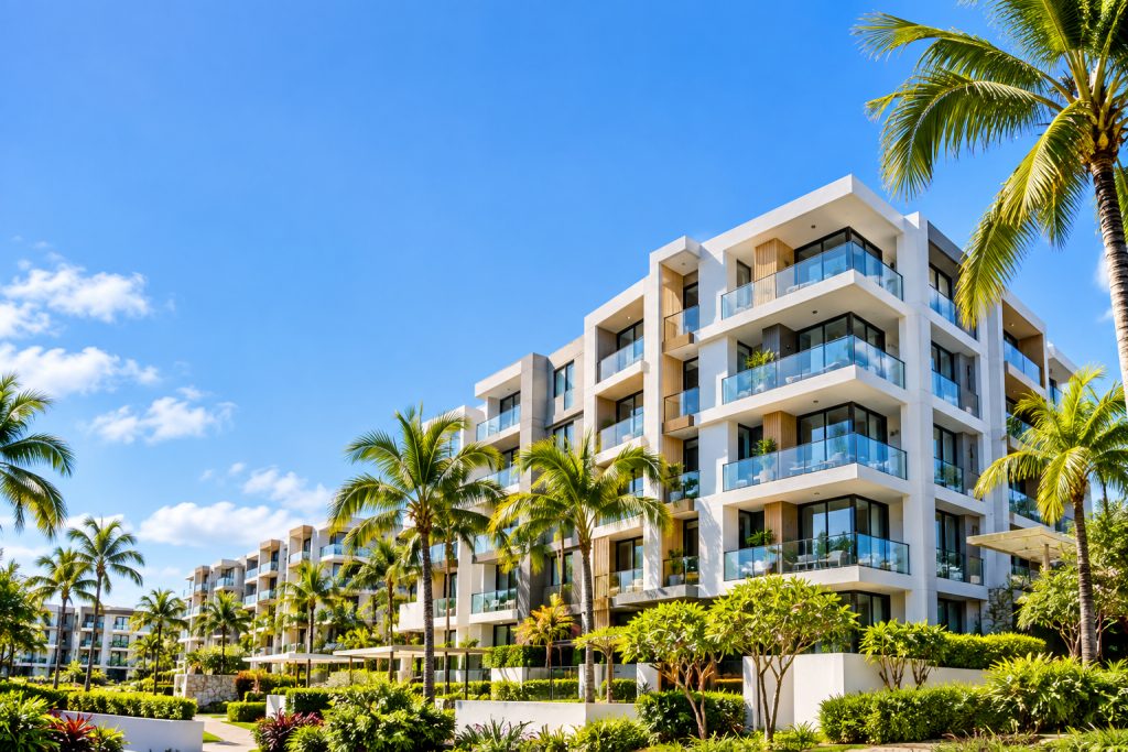 Condominio moderno con balcones y palmeras