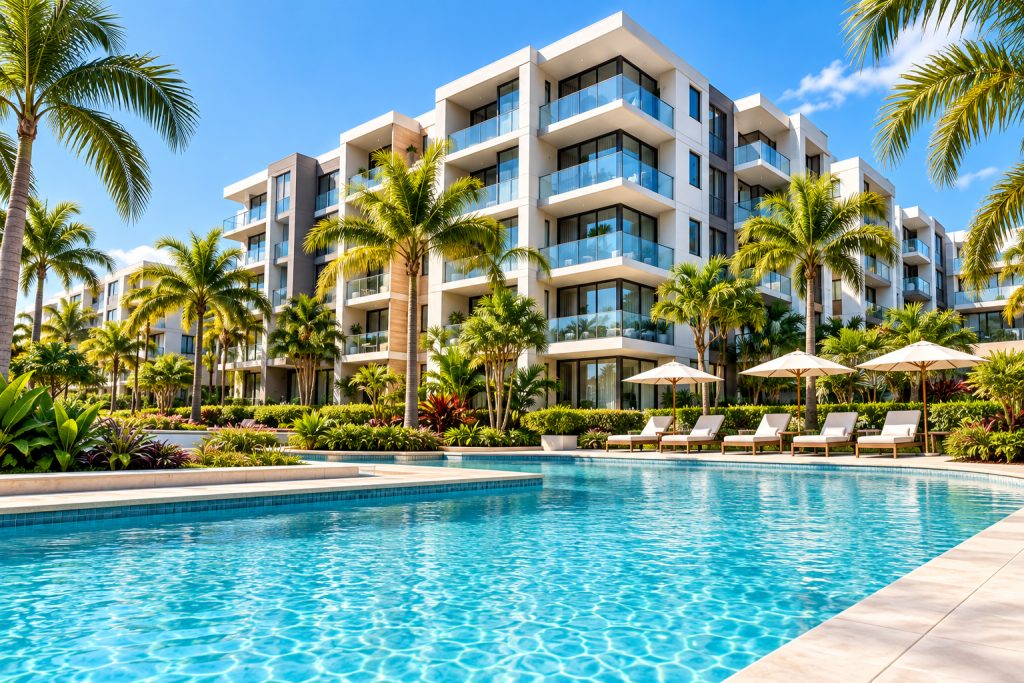Torres residenciales modernas con piscina y palmeras